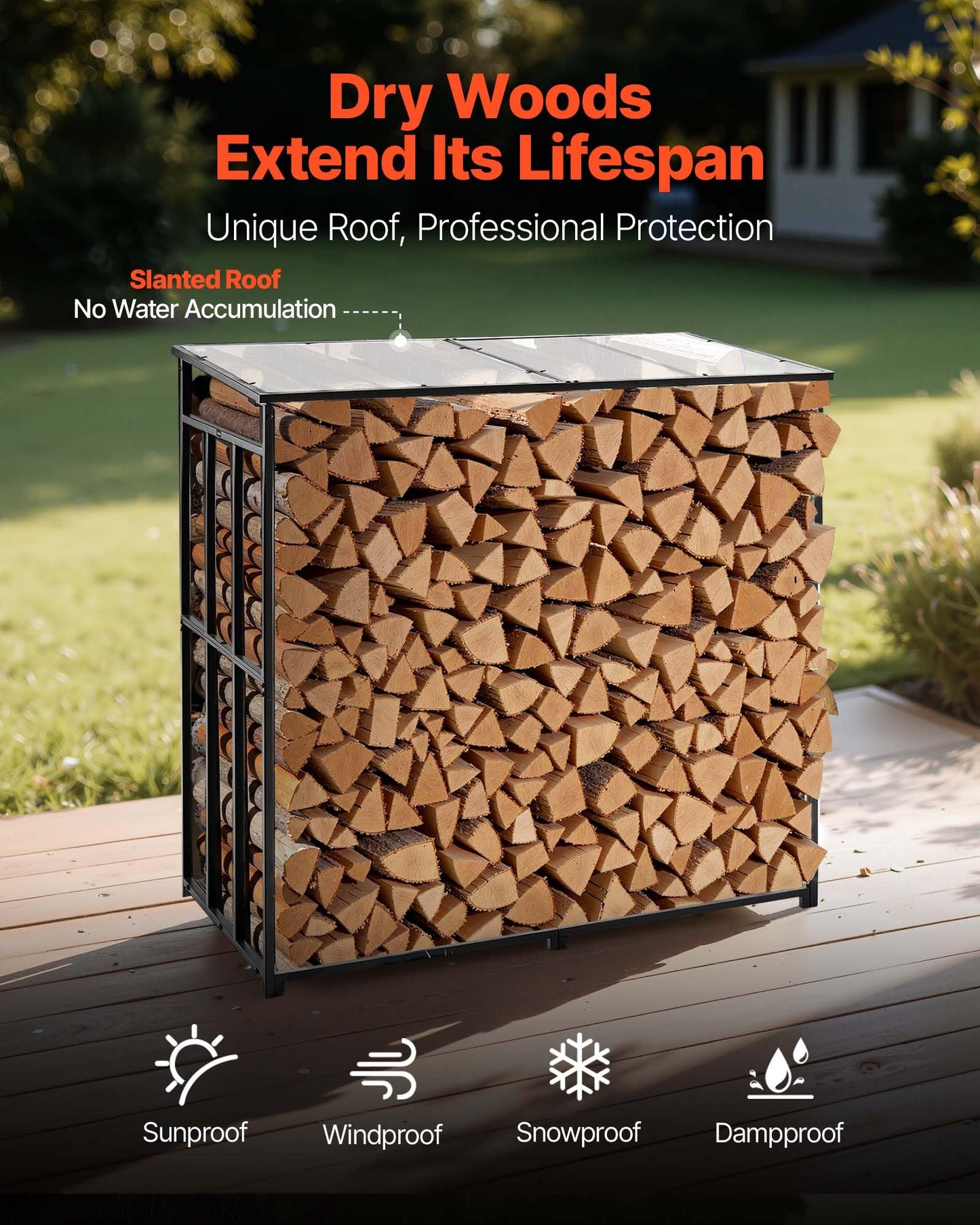 VEVOR Firewood Rack with Sloped Roof, 4 ft Outdoor Firewood Holder, 1/4 Cord Log Storage Shed, 660lb Max Weight Capacity, Powder-Coated Metal Wood Storage Rack for Fireplace Deck Backyard Garden