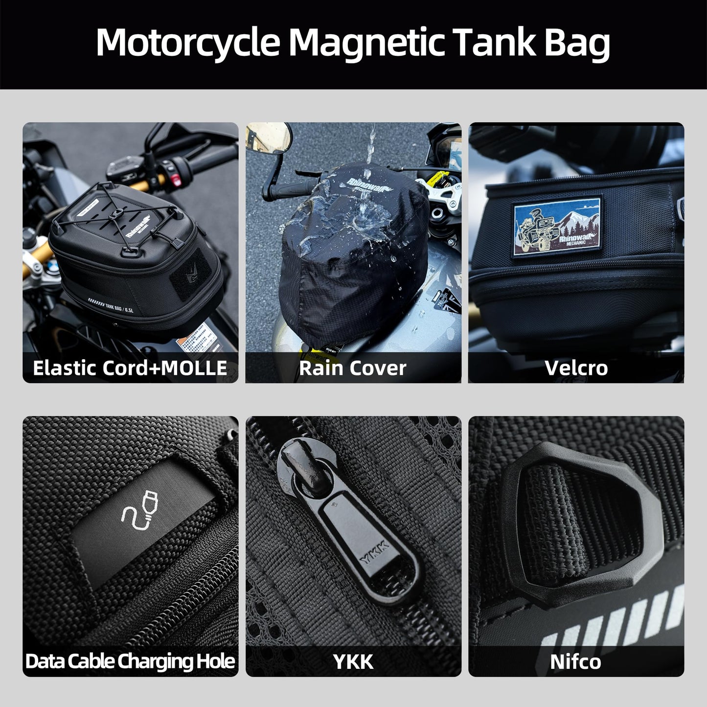 Rhinowalk Motorcycle Tank Bag Magnetic Quick Release 5-6.5L Expandable Capacity Motorbike Storage Bag Backpack with Rain Cover (Brown)
