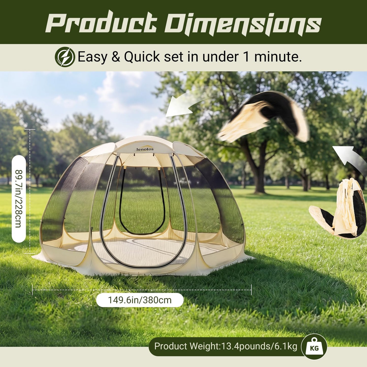 Lenotos Pop Up Screen House, 12.5'x12.5' Outdoor Screen Tent for Camping, Screened Gazebo with Mosquito Netting, Carry Bag