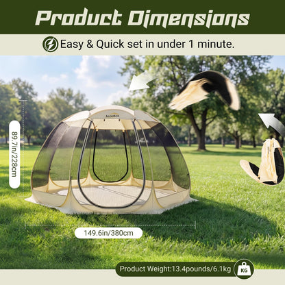 Lenotos Pop Up Screen House, 12.5'x12.5' Outdoor Screen Tent for Camping, Screened Gazebo with Mosquito Netting, Carry Bag