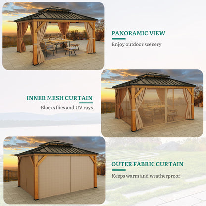 YITAHOME 13X15 Wood Gazebo Hardtop with Nettings and Curtains, Heavy Duty Double Roof Galvanized Steel Outdoor Wood Frame Roof for Patio, Backyard, Deck, Lawns