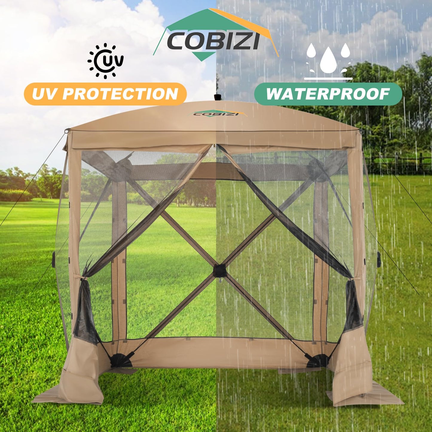 COBIZI 6x6 FT Pop up Gazebo Tent, Waterproof Instant Screen with Mosquito Netting, Portable Outdoor Small Screen Tents Sun Shelter, carpas para Patio for Outdoor Camping, Backyard and Garden, Khaki