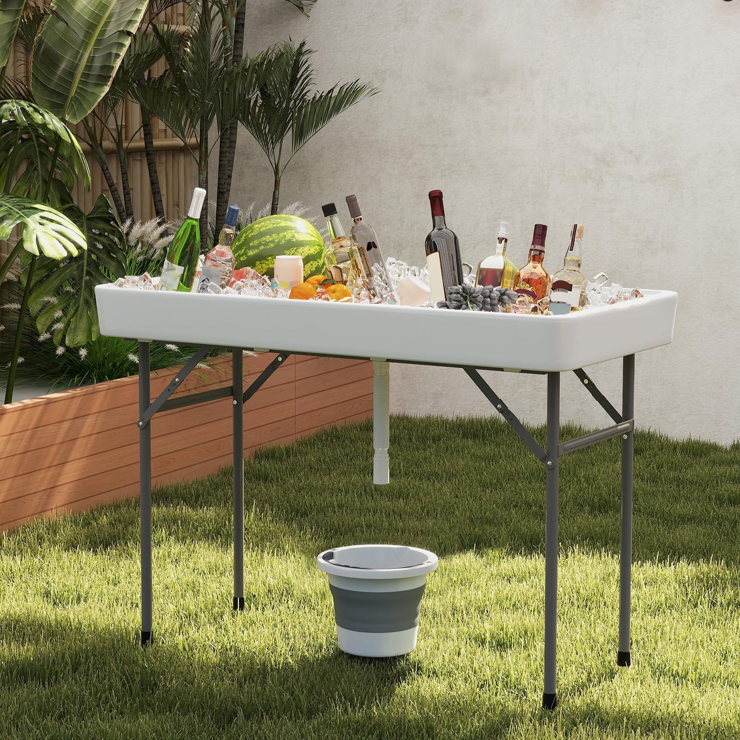 Giantex Folding Ice Cooler Table, 46'' Outdoor Chill Bar Table with Drain, Foldable Bucket & Removable Matching Skirt, for Events, Party, Camping, Buffet Beverage Server, White