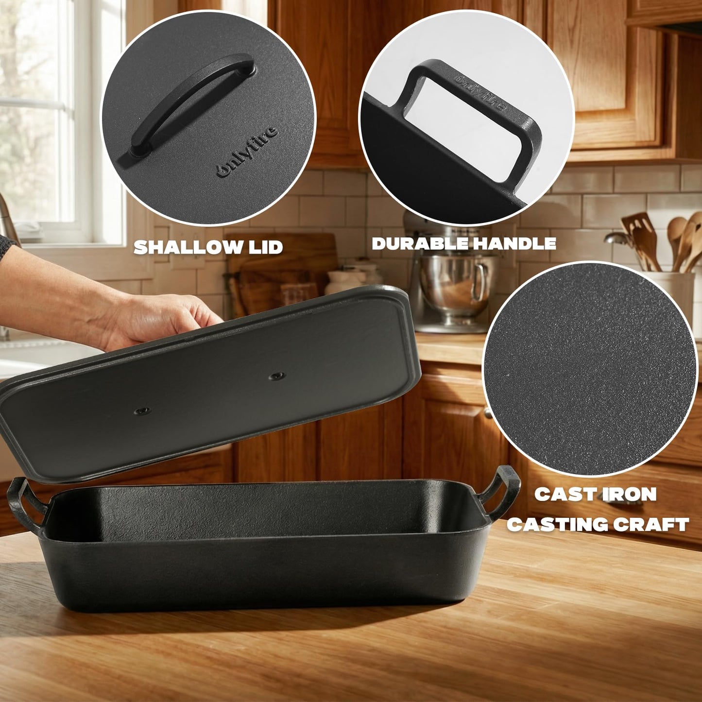 Onlyfire Cast Iron Dutch Oven, Casserole Dish with Skillet Lid & Handle for Induction, Gas & Oven, Baking Pan Griddle Pot Set for Stewing, Searing & Bread Baking, 16.5"x10.5"x7"