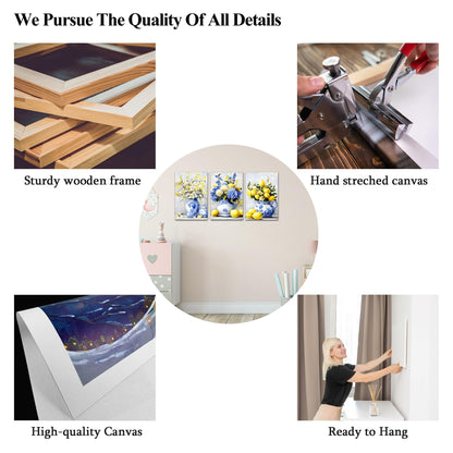 Hzddty Lemon Canvas Wall Art Set for 3, Rustic Blue and Yellow Still Life Paintings, Flower Wall Decor for Kitchen Bathroom Living Room, Framed Canvas Prints Home Decor 18L x 12W x 3