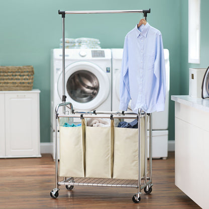 Household Essentials 3-Bag Laundry Sorter with Clothes Rack, Silver, Lightweight, Removable, Sturdy