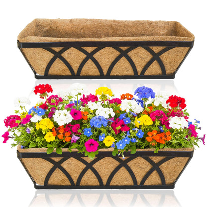 XXFBJNMD 2 Pack 24 Inch Window Box Deck Railing Planter with Coco Liner Fence Balcony Patio Long Window Flower Box Deck Railings Hanging Horse Trough Balcony Garden Rail for Outdoor Garden Fence Lawn
