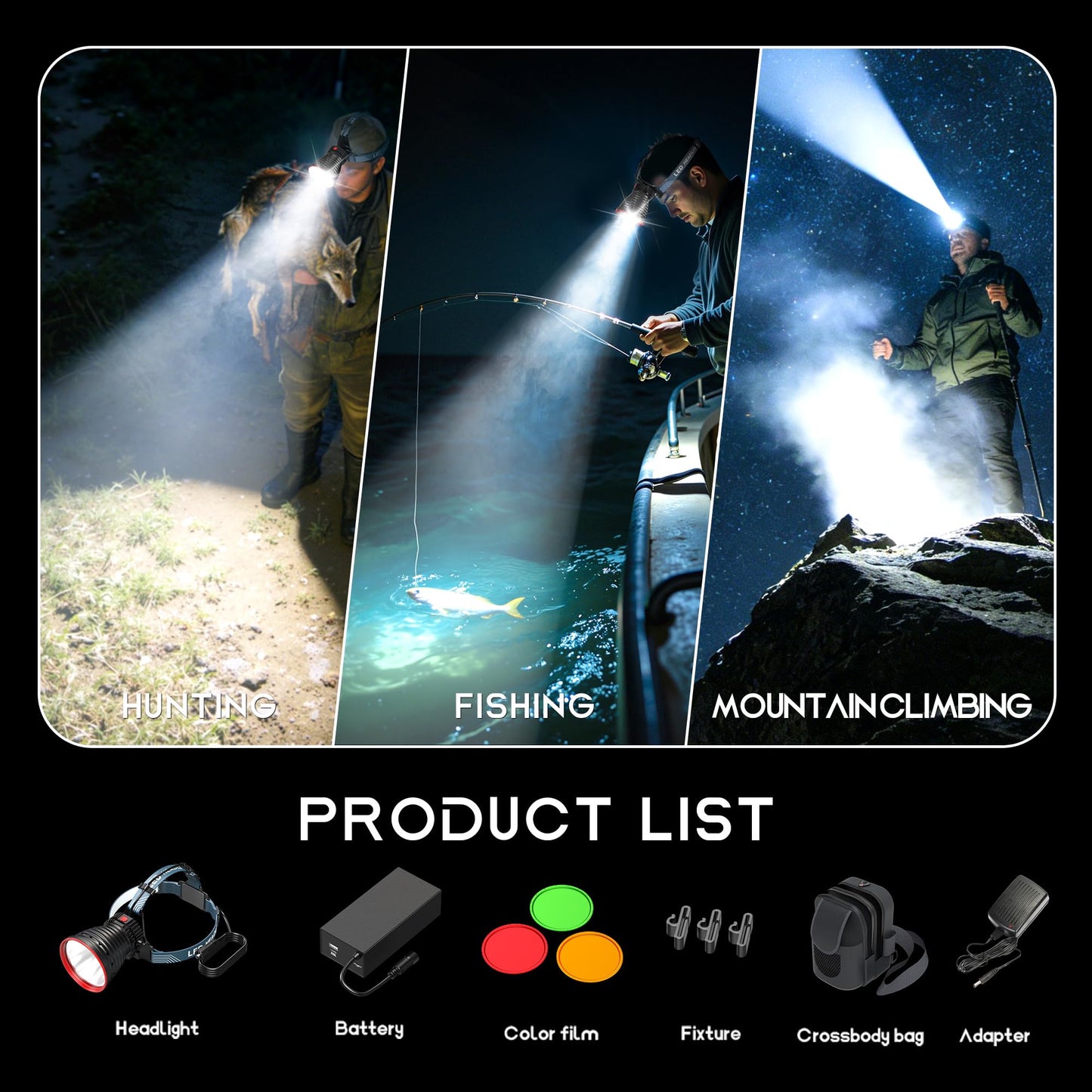 PINSAI Coon Hunting Lights High Power LED Headlamp Super Bright High Lumens 30000mAh Rechargeable Headlight Head Spotlight Torch for Fishing Camping with Bag