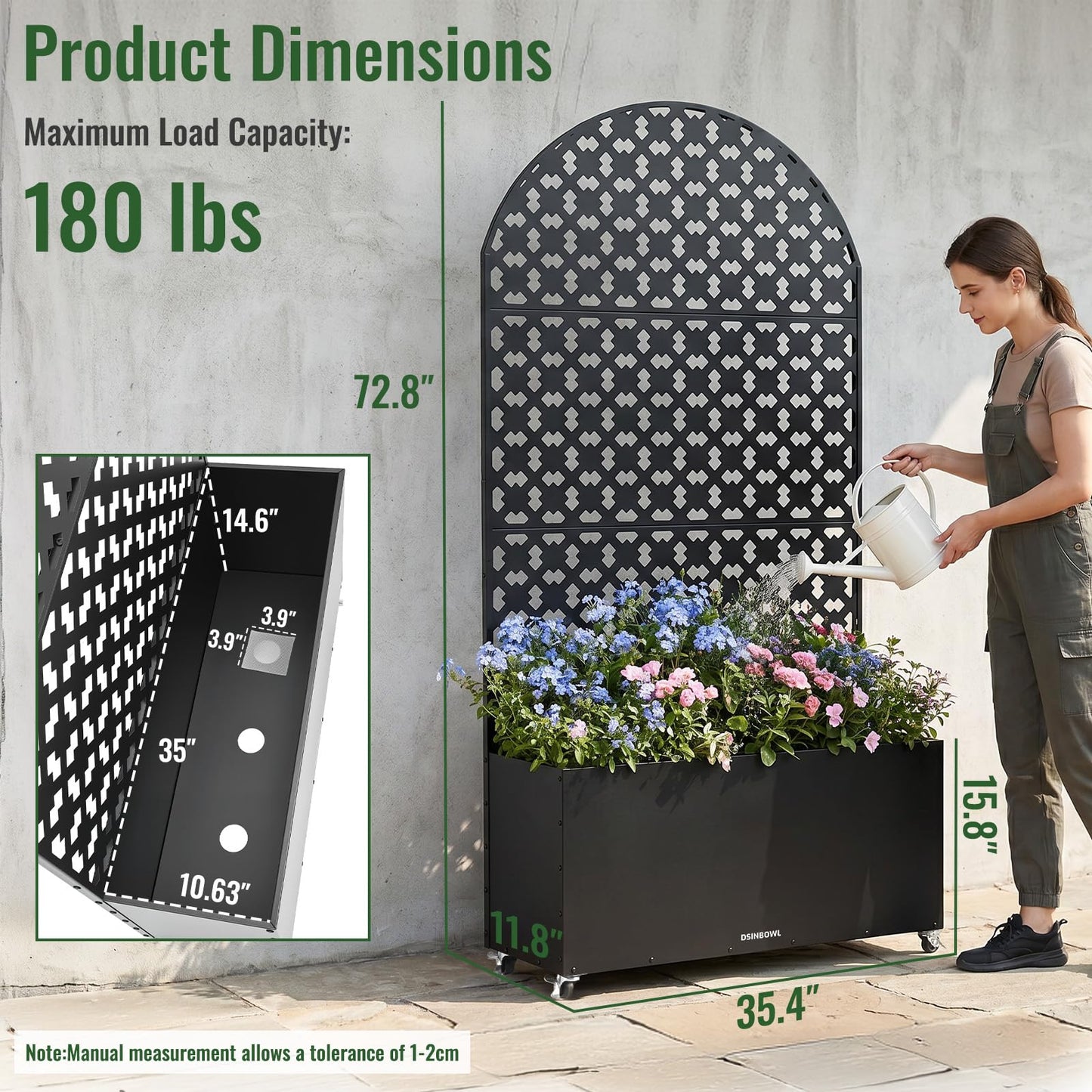 Metal Planter Box with Trellis and Wheels, 72.8 * 35.4 * 11.8IN Raised Garden Bed with Drainage Holes and Soil-Retention Mesh, Outdoor Privacy Screen Planter for Patio, Balcony, Deck and Garden