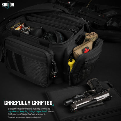 Savior Equipment Specialist Series Tactical Triple Pistol Shooting Range Hunting Duffle Bag Gun Carrying Case, Rigid Compartment Frame, Lockable Zippers (Obsidian Black, 18" x 9" x 12" Range Bag)