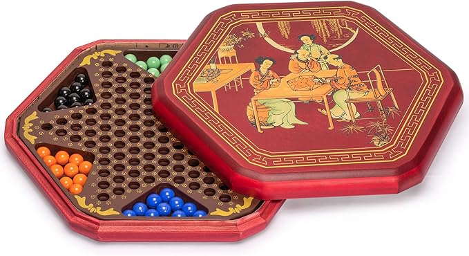 Yellow Mountain Imports Classic Chinese Checkers Halma Board Game Set with Storage 12.6-inch Wooden Board and Solid Color 16-Millimeter Glass Marbles