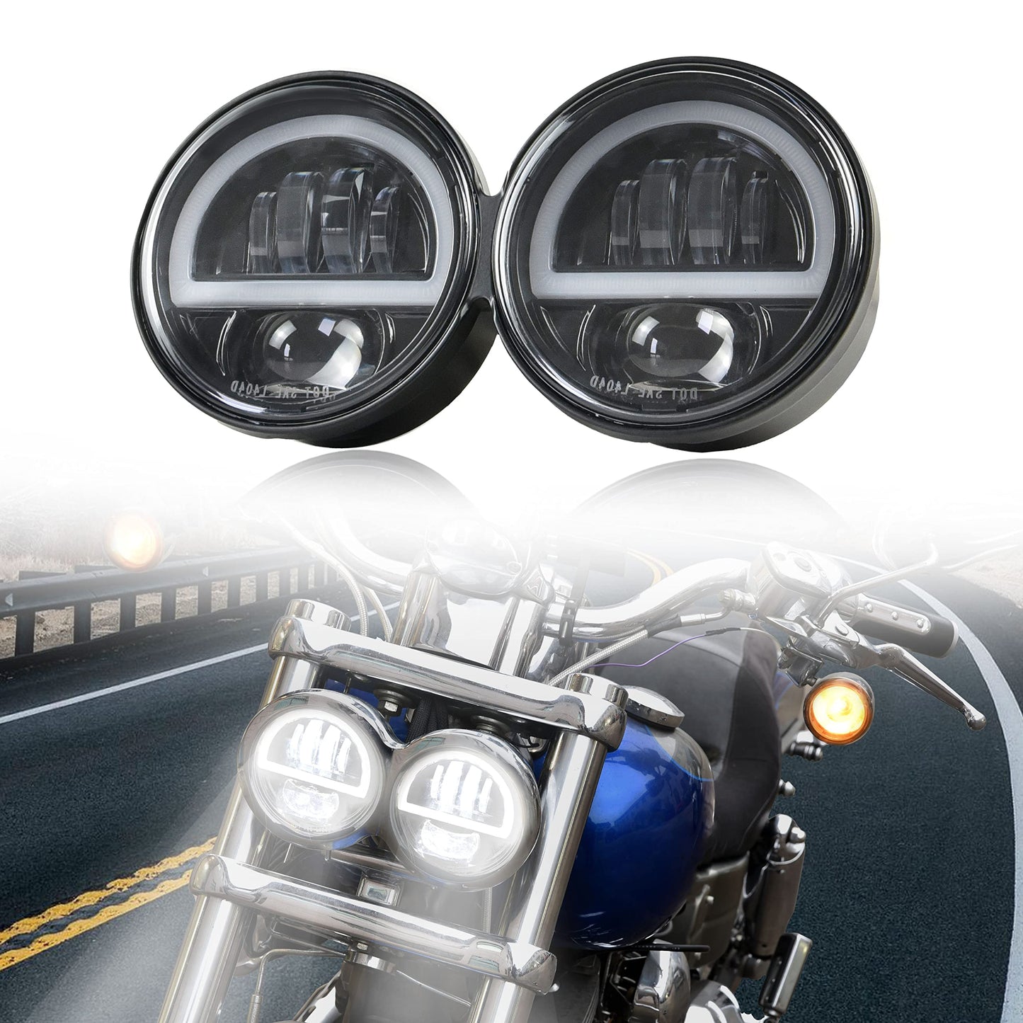 VEISUTOR Dual LED Headlight for Fat Bob，Upgraded LED Headlamp Front Light Kit with High Low Beam Turn Signal Lights and Halo Ring DRL for Harley Dyna Fat Bob 2008-2019 Accessories