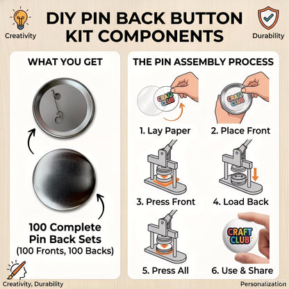 VOXIVEE 1.97in/50mm Button Maker Supplies 300Pcs, DIY Round Badge Parts with Metal Covers Pin Backs Clear Films, Compatible with 58mm Button Making Machine for Crafts