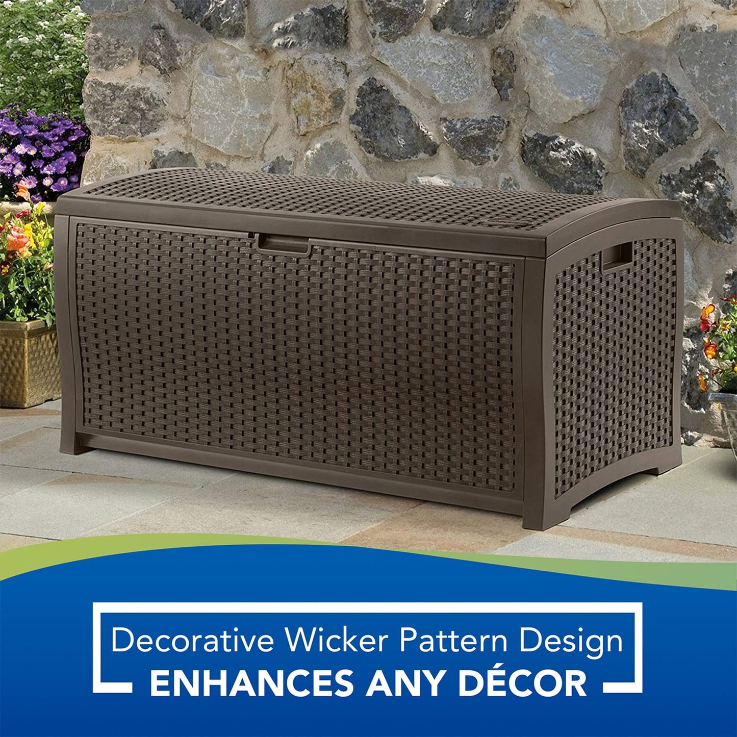 Suncast Outdoor Storage Box - 73 Gallon Mocha Brown Deck Box for Patio, weather-resistant Outdoor Storage Bench, Resin Wicker Style, Heavy-Duty, Lockable Lid for Cushions, Shoes, Pool & Garden Gear