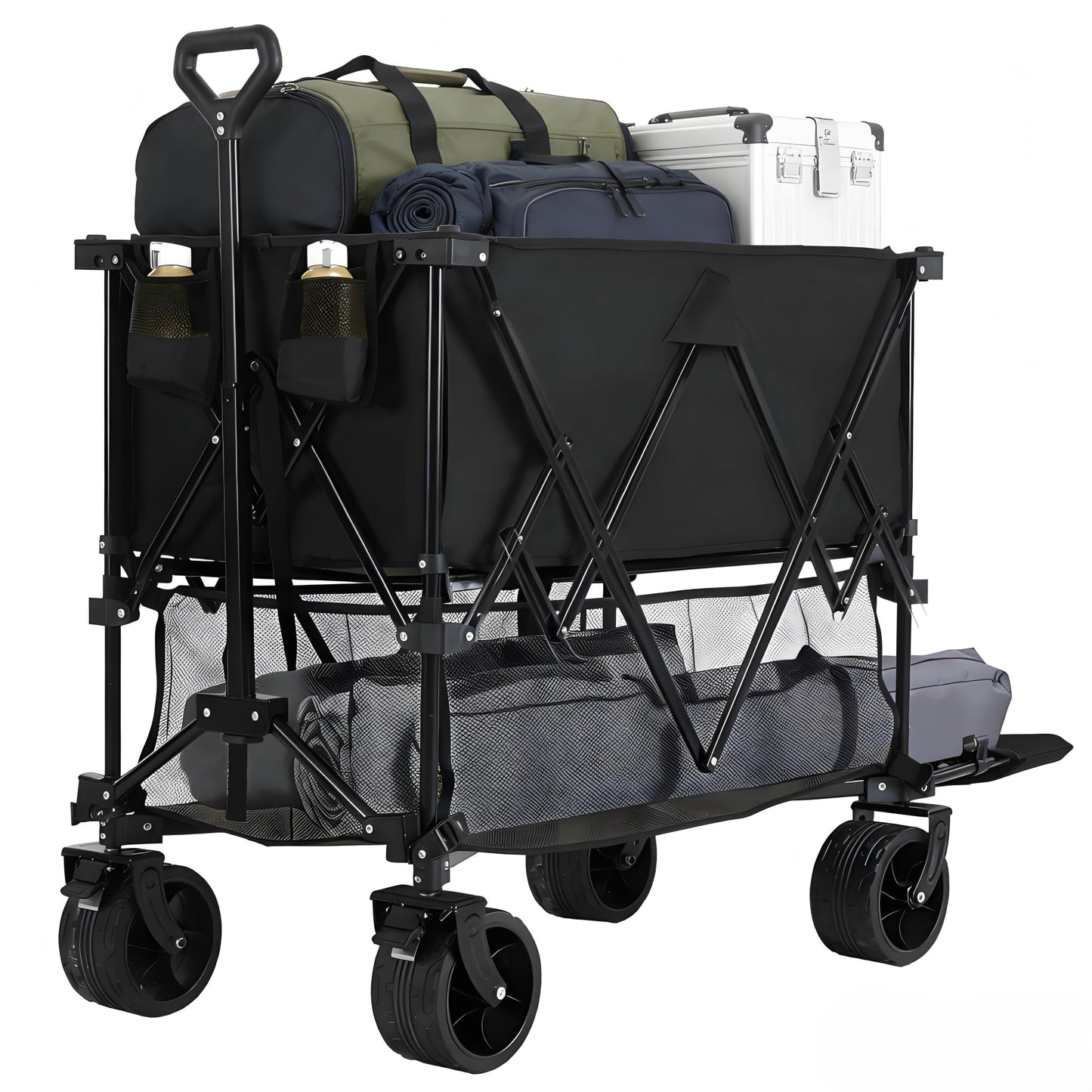 NEWBULIG Large Capacity Wagon Carts Foldable, 440LB Heavy-Duty Double Decker Wagon with All-Terrain Wheels, Portable Storage Shopping Cart for Groceries, Camping, Sports, Beach, Garden