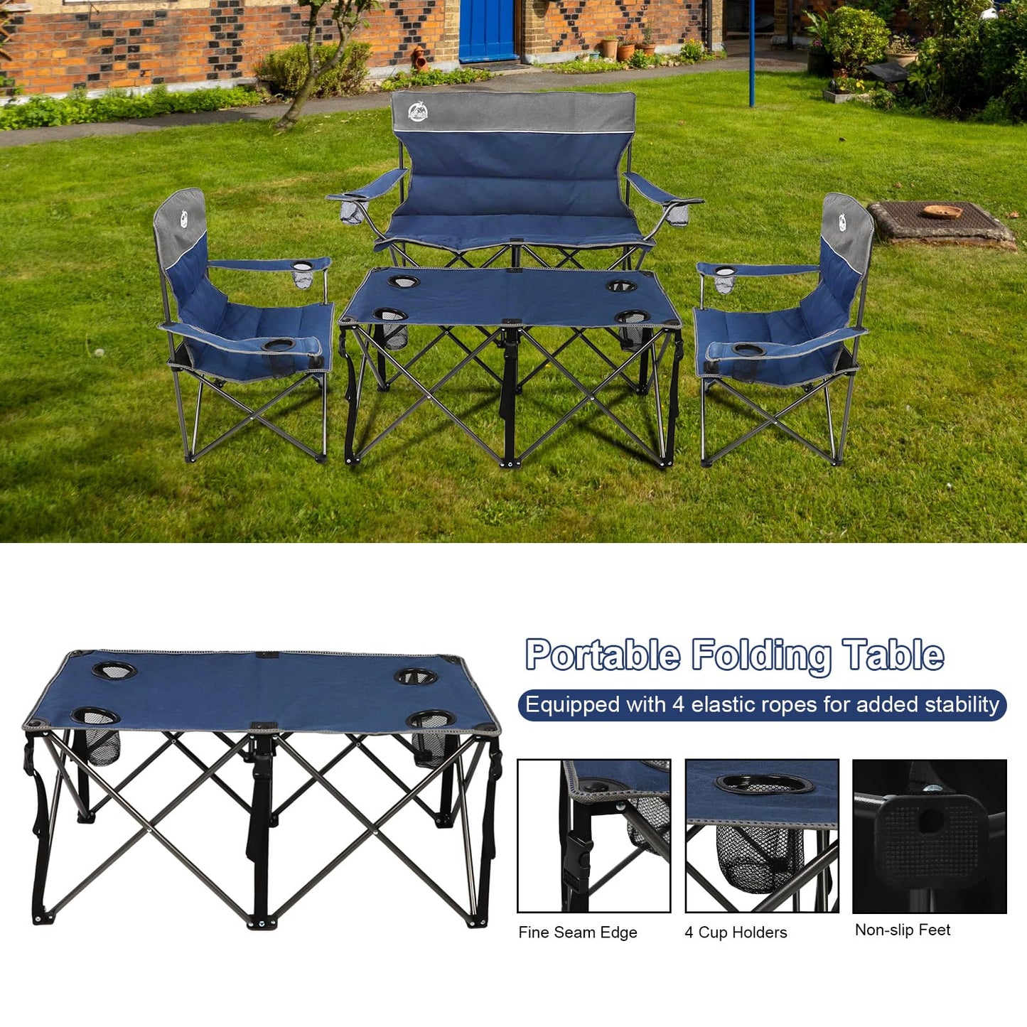 Northroad Folding Camping Chair Set of 4,Portable Collapsible Conversation Set w/1 Sofa,2 Single Chairs and 1 Table for Family Patio,Outdoor Travel,Beach(Blue)