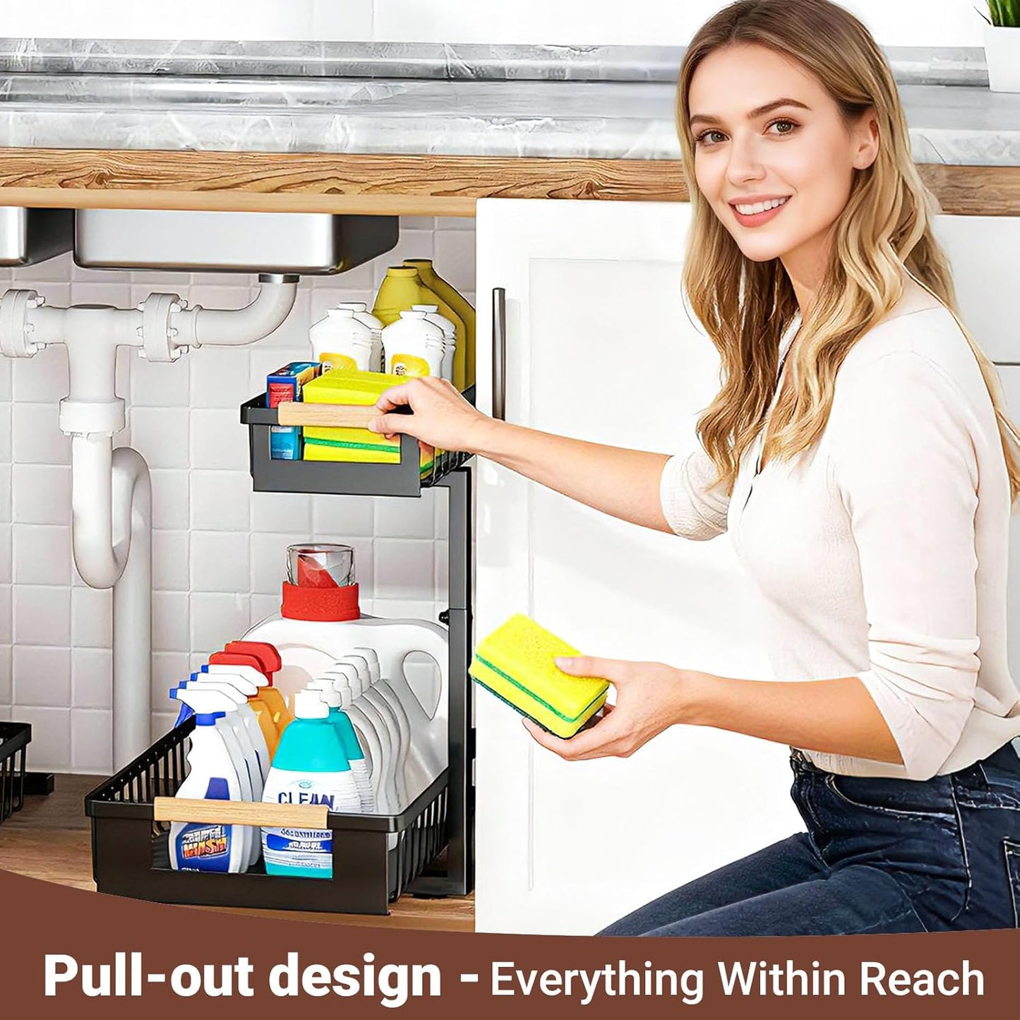 Under Sink Organizer - L-Shape 2-Tier Pull-Out Cabinet Storage Rack | Adjustable Height, Black, 2 Pack