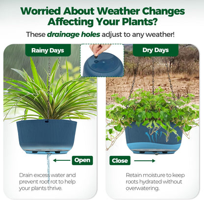 T4U 8 Inch Hanging Planters for Indoor Outdoor Plants, Self Watering Hanging Pot Pack of 2, Hanging Pots with Drainage Hole & Plug & Chain with 3 Hooks for Garden Home Decor, Blue