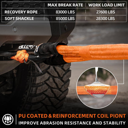 ALL-TOP Kinetic Recovery Rope Kit w/ 2 Soft Shackles, 83000Lbs, 1.5in x 30ft, Heavy Duty 30+% Elasticity, 27600Lbs Work Load Limit for 4x4 Offroad Vehicle