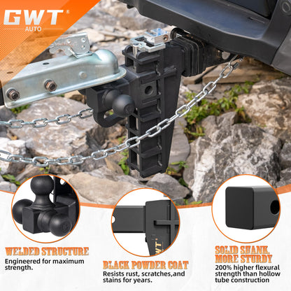 Adjustable Trailer Hitch with Hook, Tri-Ball (1-7/8" x 2" x 2-5/16") Drop Hitch, Fits 2-Inch Receiver, 8 Inch Drop Hitch, 18500 LBS GTW-Class 3 Tow Hitch for Heavy Duty Truck, Black, Solid Ball Mount