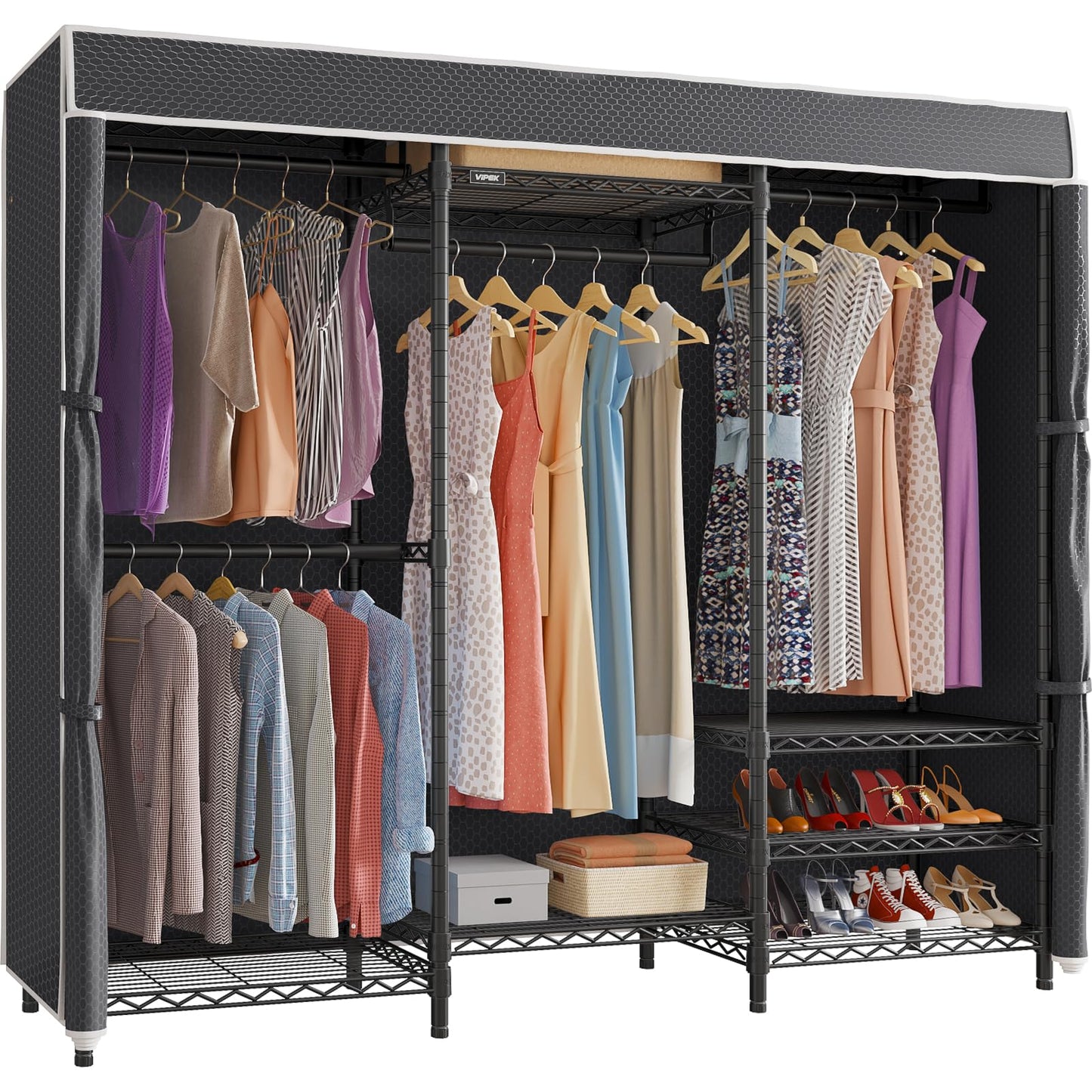 VIPEK V5C Heavy Duty Covered Clothes Rack Portable Closet Rack, Black Metal Clothing Rack with Black Upgarded Polyester Cover, Adjustable Custom Freestanding Closet Wardrobe, Max Load 800LBS