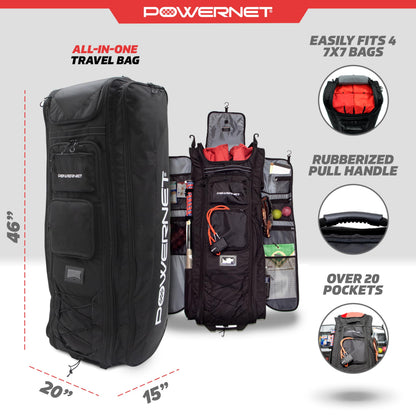 PowerNet All Gear Transporter Baseball Travel Bag, Rolling Duffle with Wheels & Handle for Baseball Accessories, Catchers Gear & Bats, Main Pocket Fits Four 7x7 Nets