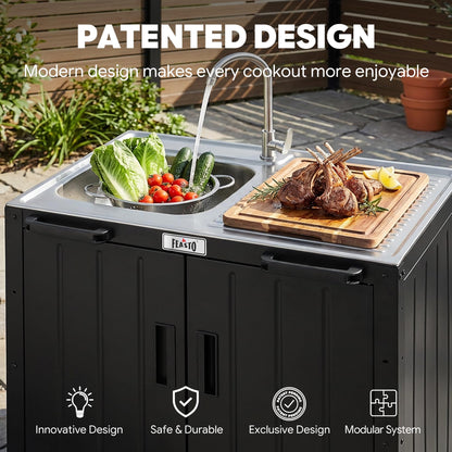 Feasto Outdoor Kitchen Island with Stainless Steel Sink and Storage Cabinet, 35-Inch BBQ Prep Station with Faucet & Lockable Wheels for Patio, Backyard, and Outdoor Cooking, Black & Silver