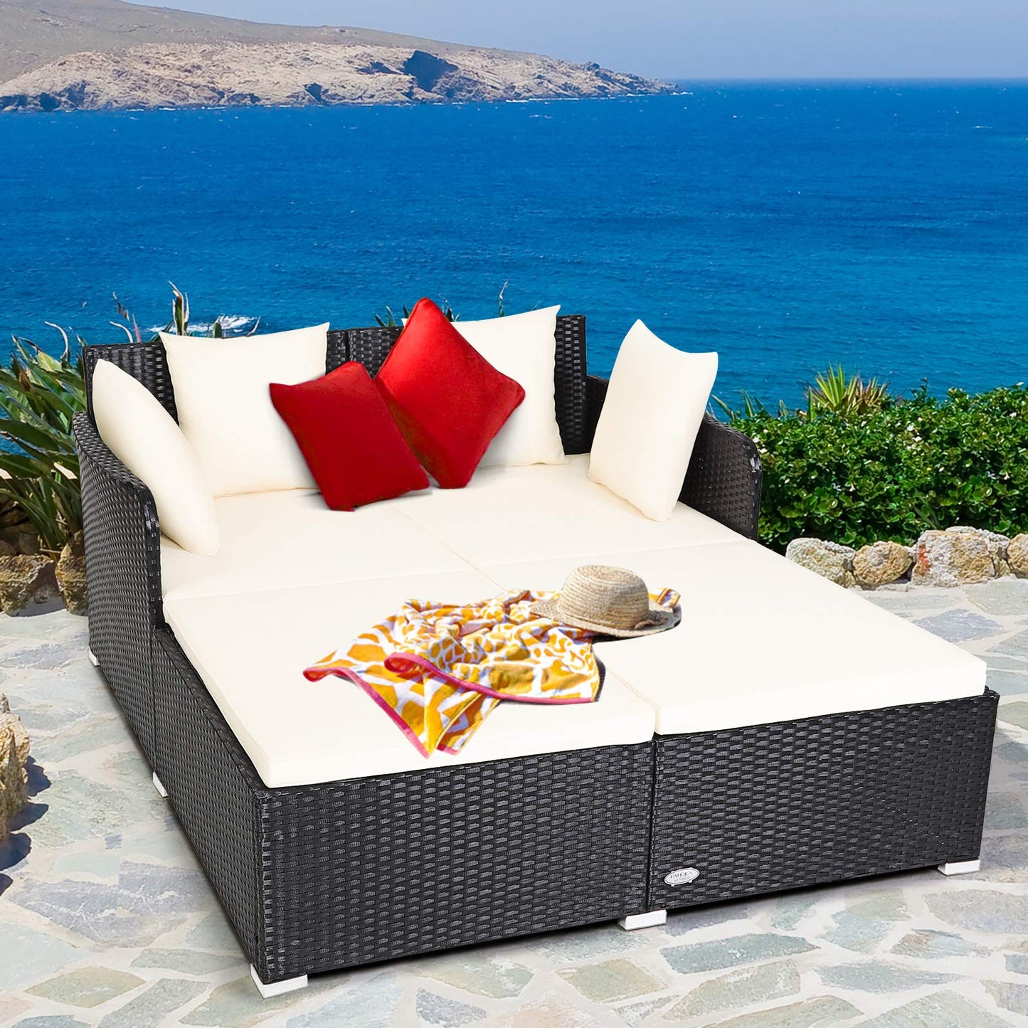 COSTWAY Outdoor Patio Rattan Daybed, Sponge Cushioned Loveseat Sofa with 4 Pillows, Wicker Furniture Sunbed for Balcony, Courtyard (Beige)