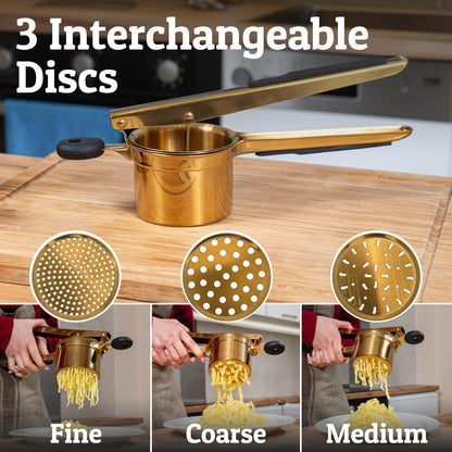 PriorityChef 15oz Heavy Duty Potato Ricer - Stainless Steel Masher with 3 Discs | Gold & Black Silicone