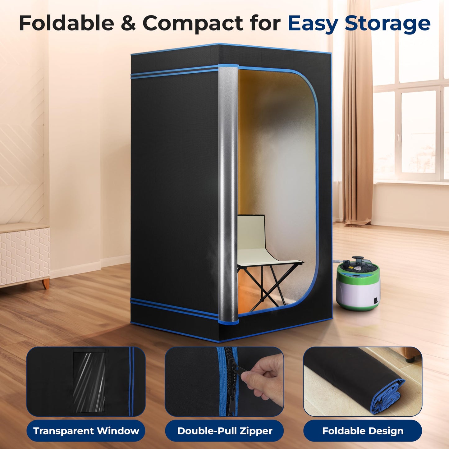 SereneLife Portable Steam Sauna Tent with Extra Large 4L Steamer - Includes Folding Sauna Chair, Remote Control w/ 9 Heat Levels for in-Home Spa - 2.9' x 2.9' x 5.9'