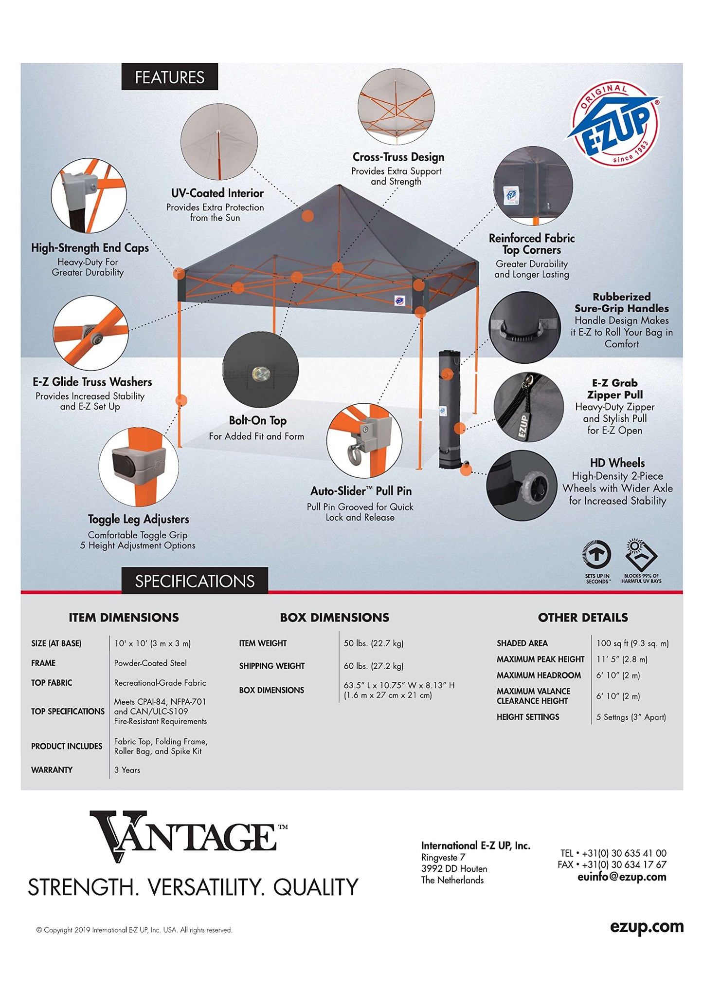 E-Z UP Vantage Instant Shelter Canopy, 10' x 10', White Powder-Coated Steel Frame with Wide-Trax Roller Bag & 4 Piece Spike Set, White