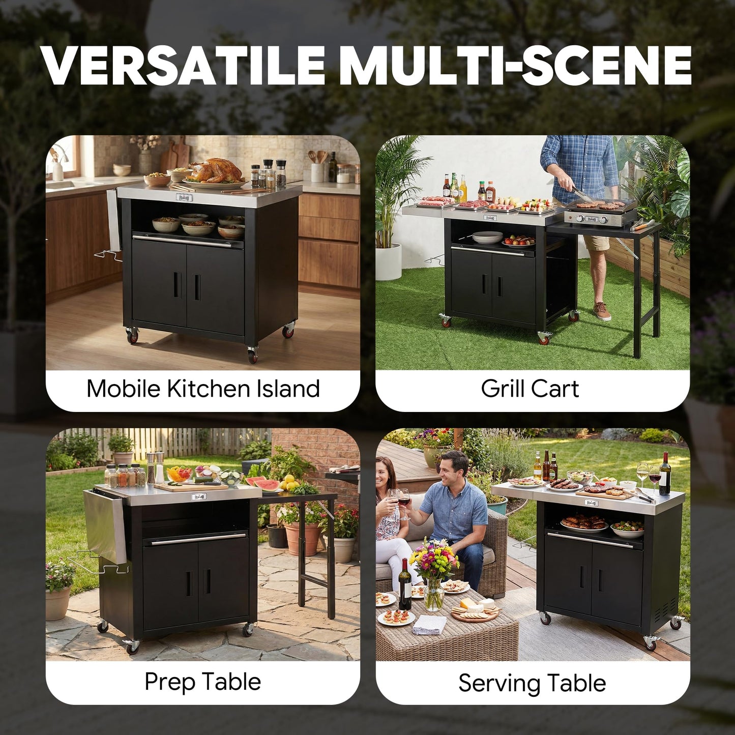 Feasto Outdoor Kitchen Island with Cabinet, Outdoor Grill Table with Stainless Steel Top for Pizza Oven& Griddles, Movable Bar Cart with Pull-Out Plate for Parties& Gathering, Heavy-Duty, L74”x W24”