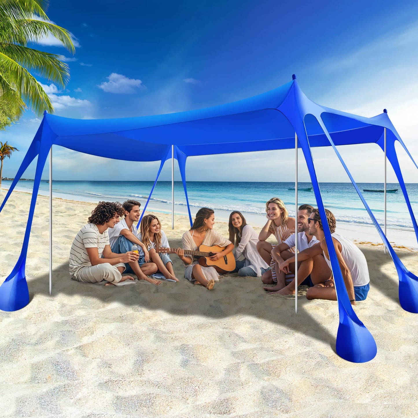 Rhino Valley Beach Tent, 10 x 13 FT Beach Shade UPF50+ Protection, Beach Canopy with 8 Sandbags 4 Stability Poles,Outdoor Beach Tent Sun Shelter Umbrella for Sand,Camping,Fishing Essentials, Indigo