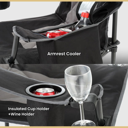 ARROWHEAD OUTDOOR 2-Pack Portable Deluxe Folding Camp Quad Chair w/Headrest, Glass & Cup Holders, Armest 6-can Cooler, Heavy Duty Carry Bag, 550 lbs Weight Capacity
