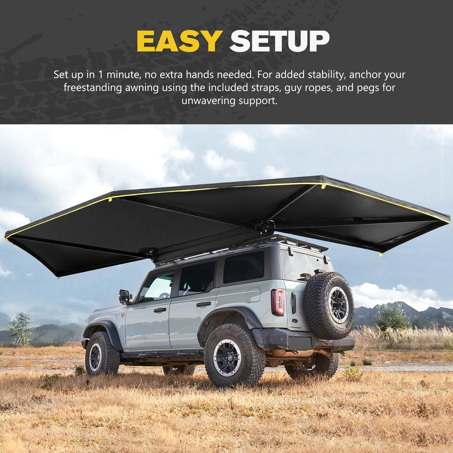 BUNKER INDUST 270 Degree Awning Free Standing, Vehicle Overland Awning Built-in LED Light - Three Colors, Car Driver Side, Waterproof Wind Resistant for SUV Van Truck Camper