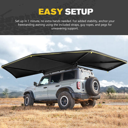 BUNKER INDUST 270 Degree Awning Free Standing, Vehicle Overland Awning Built-in LED Light - Three Colors, Car Driver Side, Waterproof Wind Resistant for SUV Van Truck Camper