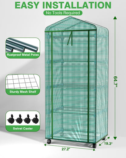 PYY Mini Indoor Greenhouse with Grow Light - Small Portable Outdoor Plant Green House Cabinet with Wheels, Thermometer, PE Tent Cover, 4 Dimmable 3 Color 2FT 36W LED Kit, 4 Tier Gardening Shelves