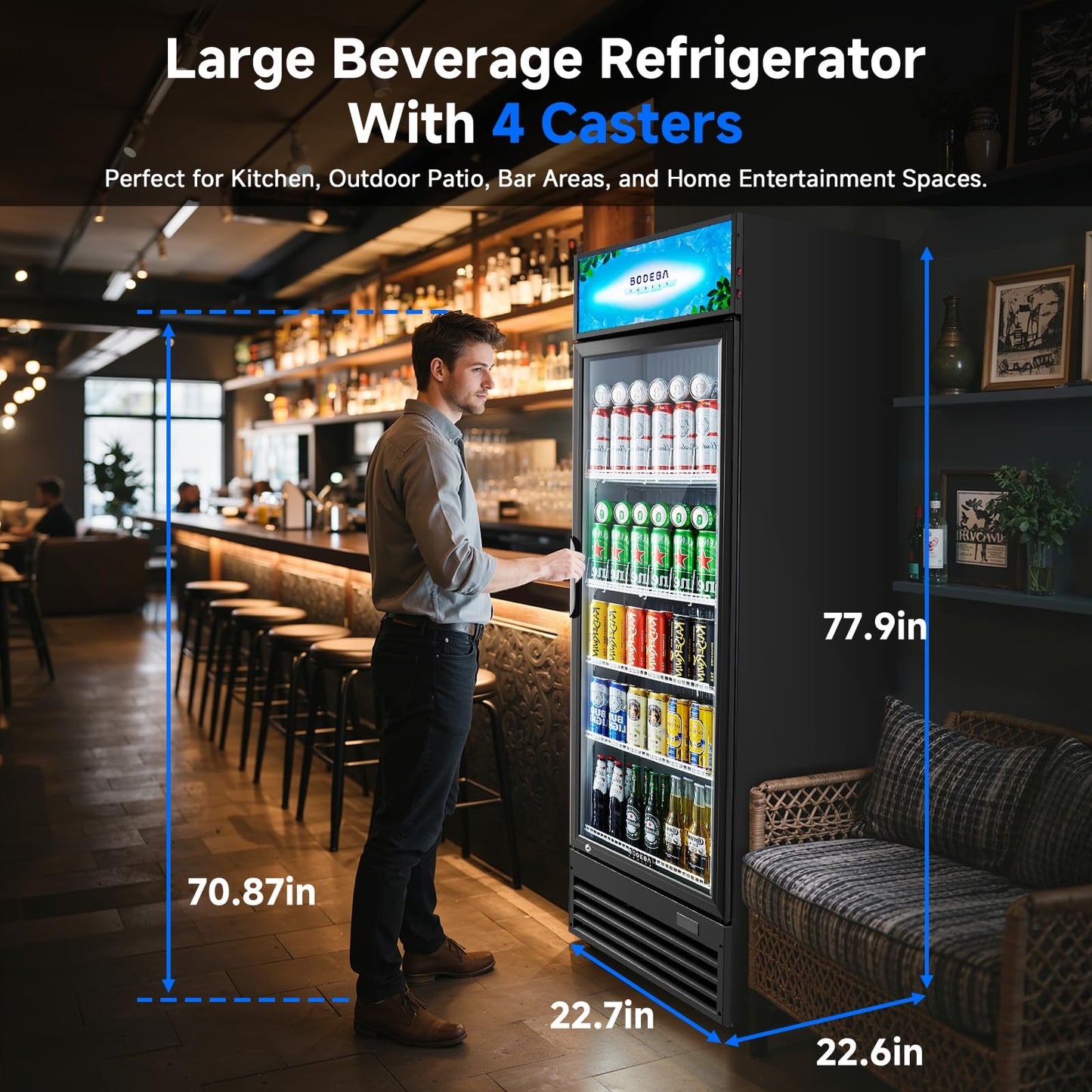 BODEGACOOLER Commercial Beverage Refrigerator, 12.5 Cu. Ft Black Commercial Merchandiser Refrigerator, LED Light/Adjustable Shelves,Upright Large Display Refrigerator For kitchen/Office/Home/Garage.