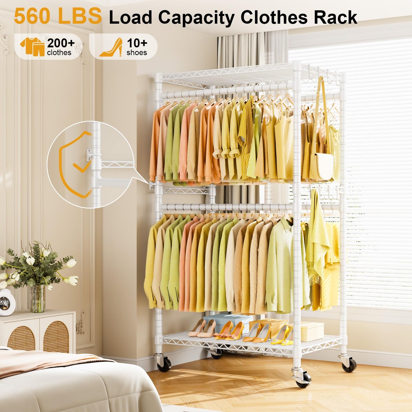 ULIFHOME P4 Rolling Clothes Rack Heavy Duty, Clothing Racks for Hanging Clothes, Freestanding Garment Racks with Wheels, Metal Portable Closet Rack 35.5''W × 20.5''D × 80.5''H, Max Load 560Lbs, White