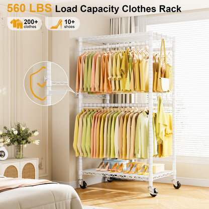 ULIFHOME P4 Rolling Clothes Rack Heavy Duty, Clothing Racks for Hanging Clothes, Freestanding Garment Racks with Wheels, Metal Portable Closet Rack 35.5''W × 20.5''D × 80.5''H, Max Load 560Lbs, White
