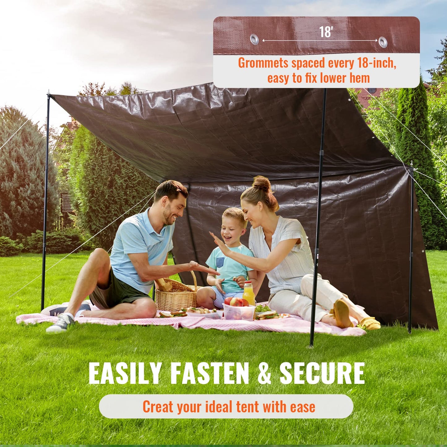 VEVOR Tarp 20x40 ft 16 Mil Extra Thick, Waterproof Poly Plastic Tarps Cover, Multi-Purpose Outdoor Tarpaulin with Grommets & Reinforced Edges for Truck, RV, Boat, Camping (Brown)