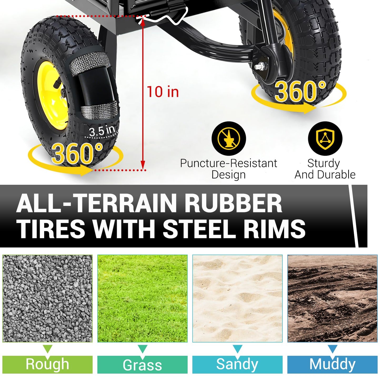 Steel Garden Cart 500 LBS with 10" Tires, Heavy Duty Garden Wagon Cart with 180° Rotating Handle and Removable Sides, Metal Wagon for Farm, Yard, Lawn, Black