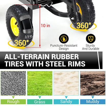 Steel Garden Cart 500 LBS with 10" Tires, Heavy Duty Garden Wagon Cart with 180° Rotating Handle and Removable Sides, Metal Wagon for Farm, Yard, Lawn, Black