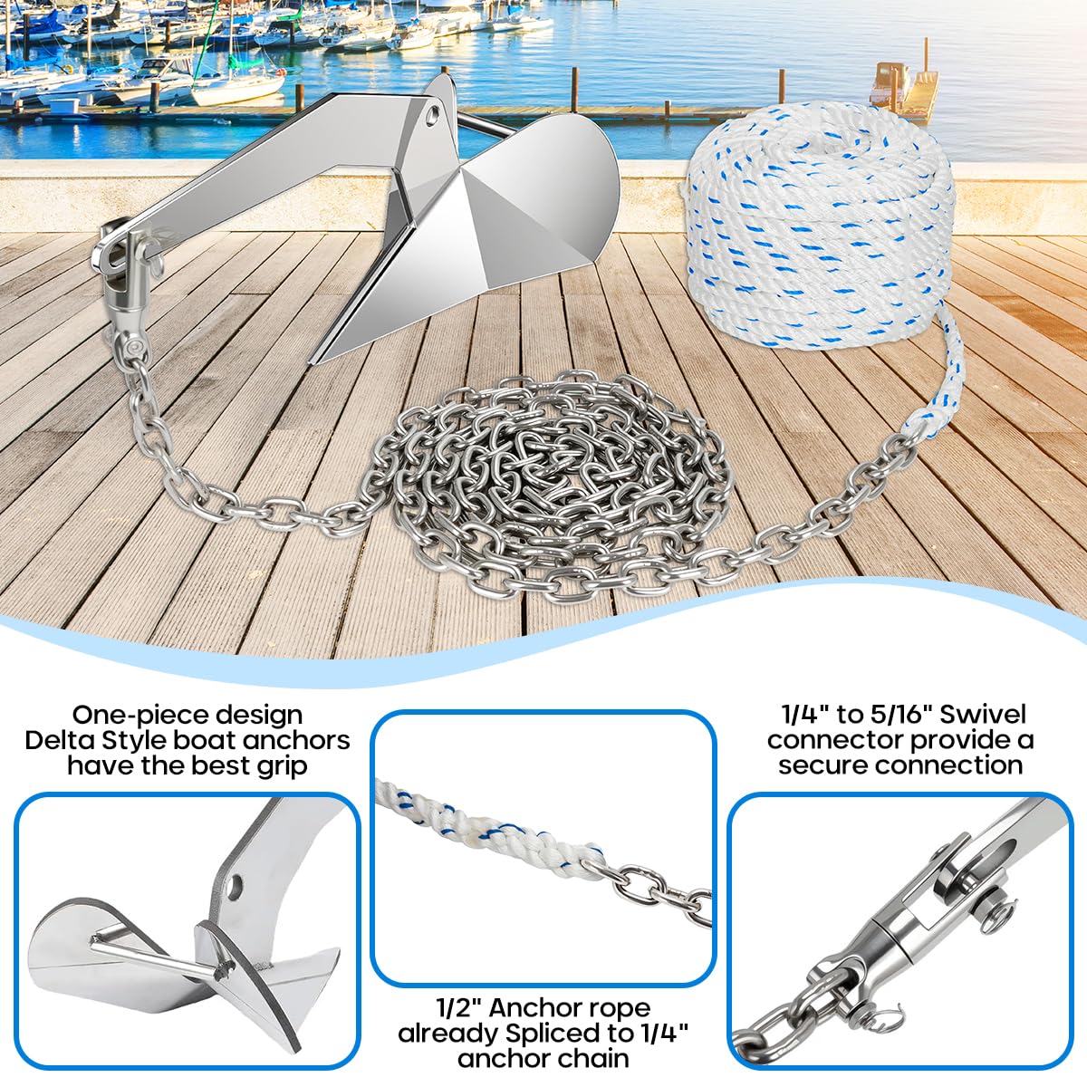 FUCNEN Boat Anchor Kit - 9 Lb 316 Stainless Steel Delta Anchor, 1/2" Anchor Rope 100ft,1/4" G4 Marine Anchor Chain 10ft & Swivel Connector,Windlass Anchor Rode-Rope/Chain for Boat Anchor System