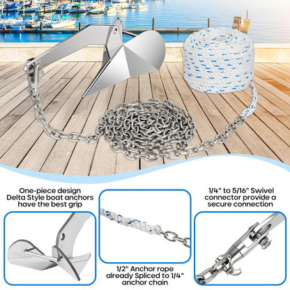 FUCNEN Boat Anchor Kit - 9 Lb 316 Stainless Steel Delta Anchor, 1/2" Anchor Rope 100ft,1/4" G4 Marine Anchor Chain 10ft & Swivel Connector,Windlass Anchor Rode-Rope/Chain for Boat Anchor System