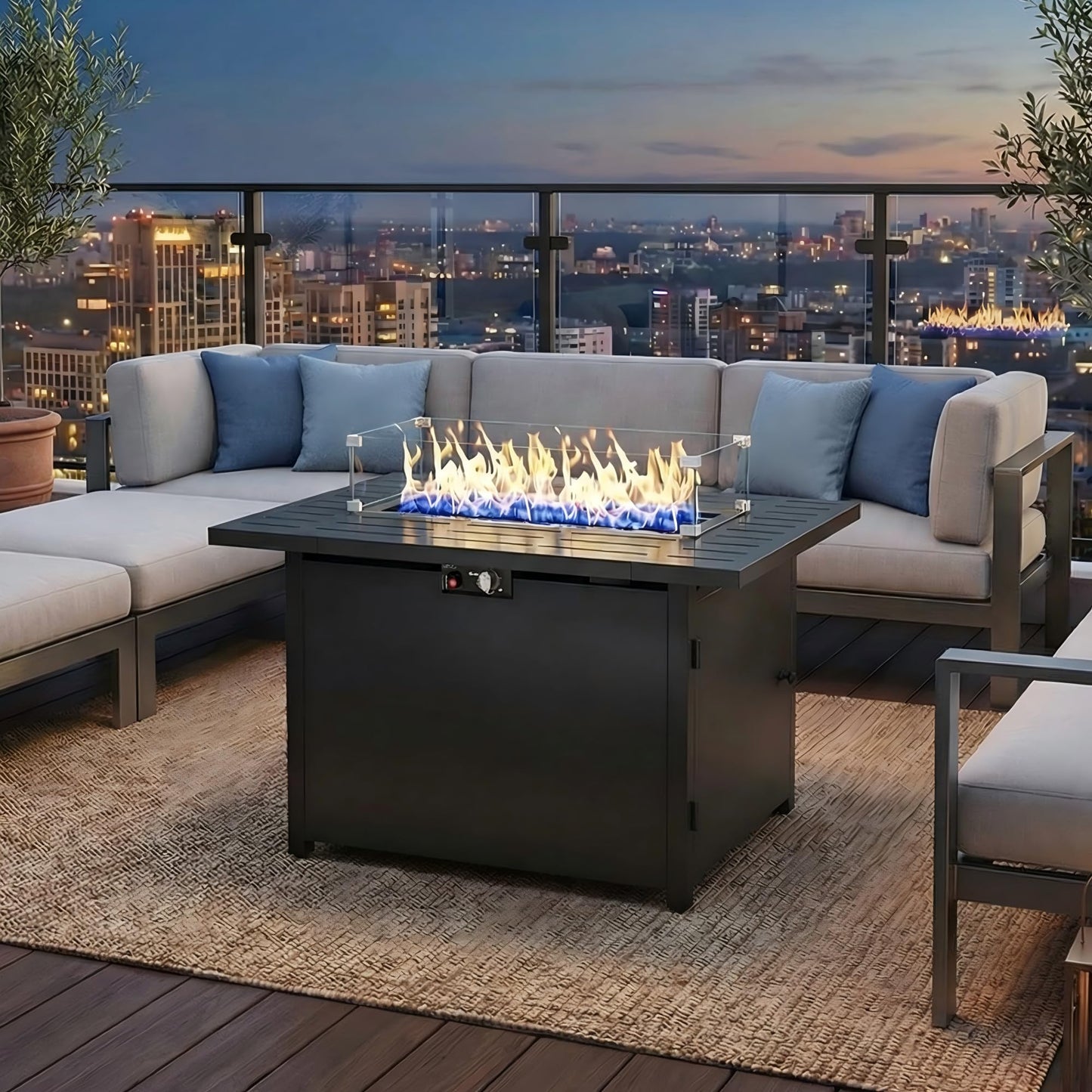 FansaFurn 43'' Propane Fire Pit Table, 50000 BTU Gas Fire Pits Table with Removable Lid and Lava Rock, Rectangular Fire Table with Cover, Ideal for Dining or Party on Patio, Garden, Yard, Black