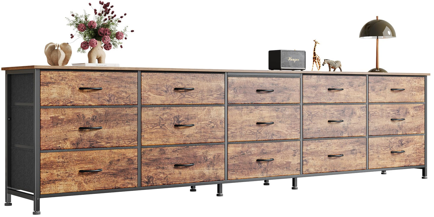 Huuger 86.6 Inch Dresser for Bedroom, TV Stand for 65, 75, 85 Inch TV, 15 Fabric Drawer Long Dresser, Large Entertainment Center for Bedroom, Wide Chest of Drawer with Storage, Rustic Brown