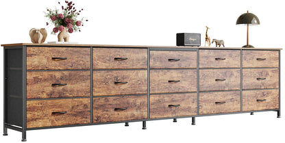 Huuger 86.6 Inch Dresser for Bedroom, TV Stand for 65, 75, 85 Inch TV, 15 Fabric Drawer Long Dresser, Large Entertainment Center for Bedroom, Wide Chest of Drawer with Storage, Rustic Brown