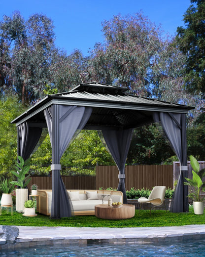 KYBOLT 12x12 Ft Hardtop Gazebos with Heavy Duty Double Roof, Nettings and Curtains Galvanized Steel Outdoor Gazebos for Patio, Backyard, Deck, Lawn (Gray)
