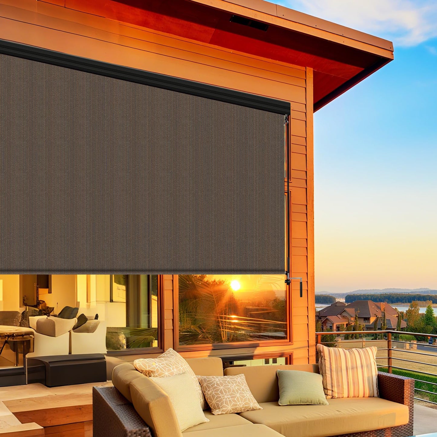 Shade&Beyond Outdoor Premium Roller Shades 4' W x 8' H with Valance, Exterior Roll Up Blinds Shade Cloth for Patio Porch Pergola, Mocha